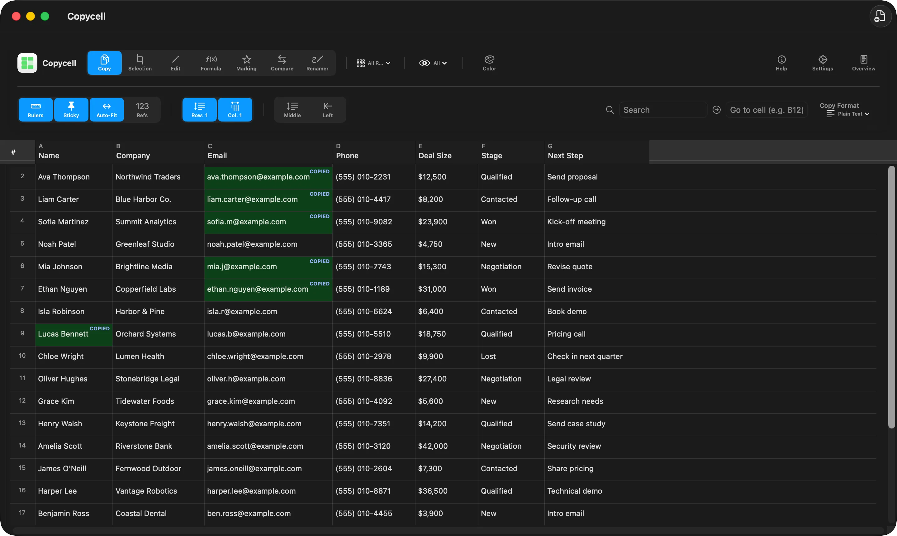 Copycell showing a contact list, with the email addresses you have already copied highlighted in green.
