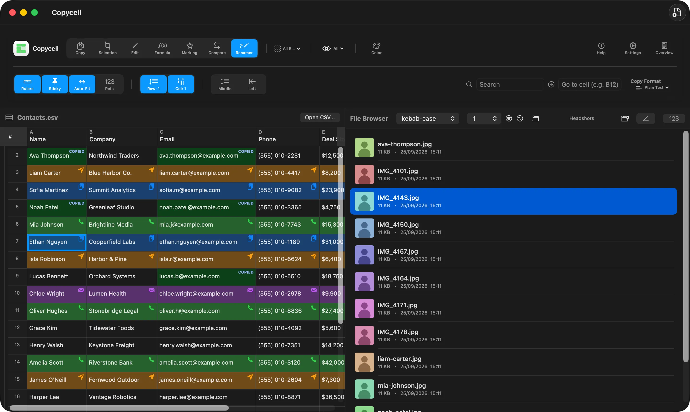 A folder of photos next to a contact list, with some photos already renamed after the contacts.